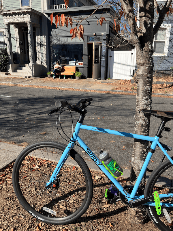 The front of a light blue cross-bike leaned against a tree, across the street from a low-slung city cafe.