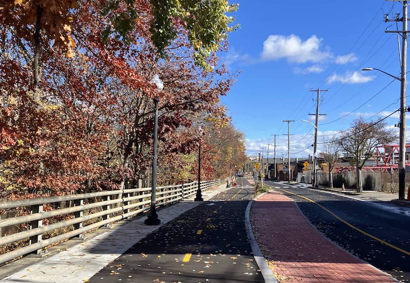 The newly-completed, really nice, and frequently-used-by-me Woonasquatucket River bike path along Kinsley Ave