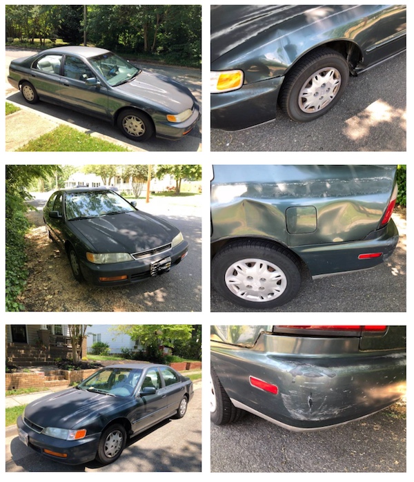 Close-up photos of a very well-loved dark green 1997 Honda Accord