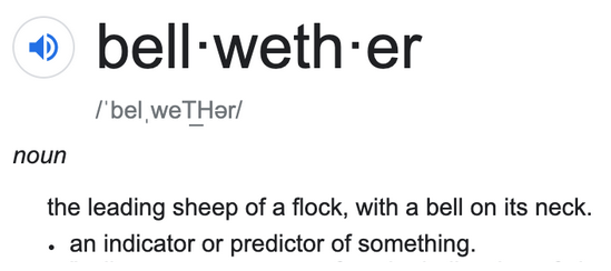 Definition of bellwether: the leading sheep of a flock with a bell around its neck; or, an indicator or predictor of something