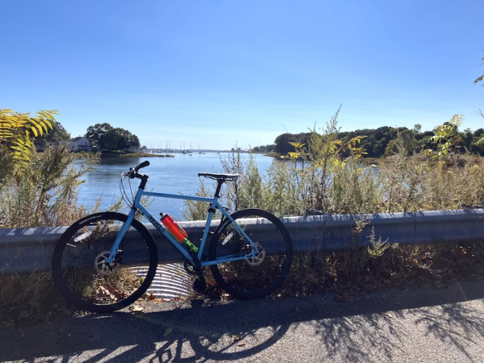 Light-blue steel frame crossbike leaned up against a railing with the mouth of a river in the background. The sky is blue.